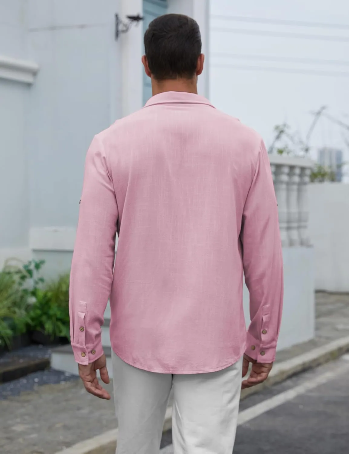 Men's Long Sleeve Button Down Linen Shirt Casual Solid Untucked Roll-Up Sleeve Beach Shirts Wedding Shirts with Pocket