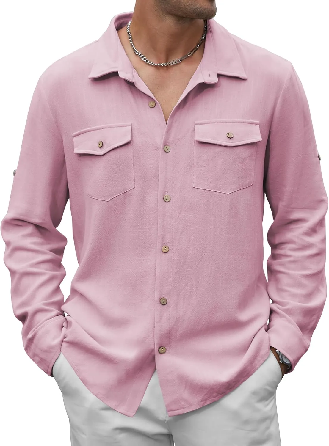 Men's Long Sleeve Button Down Linen Shirt Casual Solid Untucked Roll-Up Sleeve Beach Shirts Wedding Shirts with Pocket