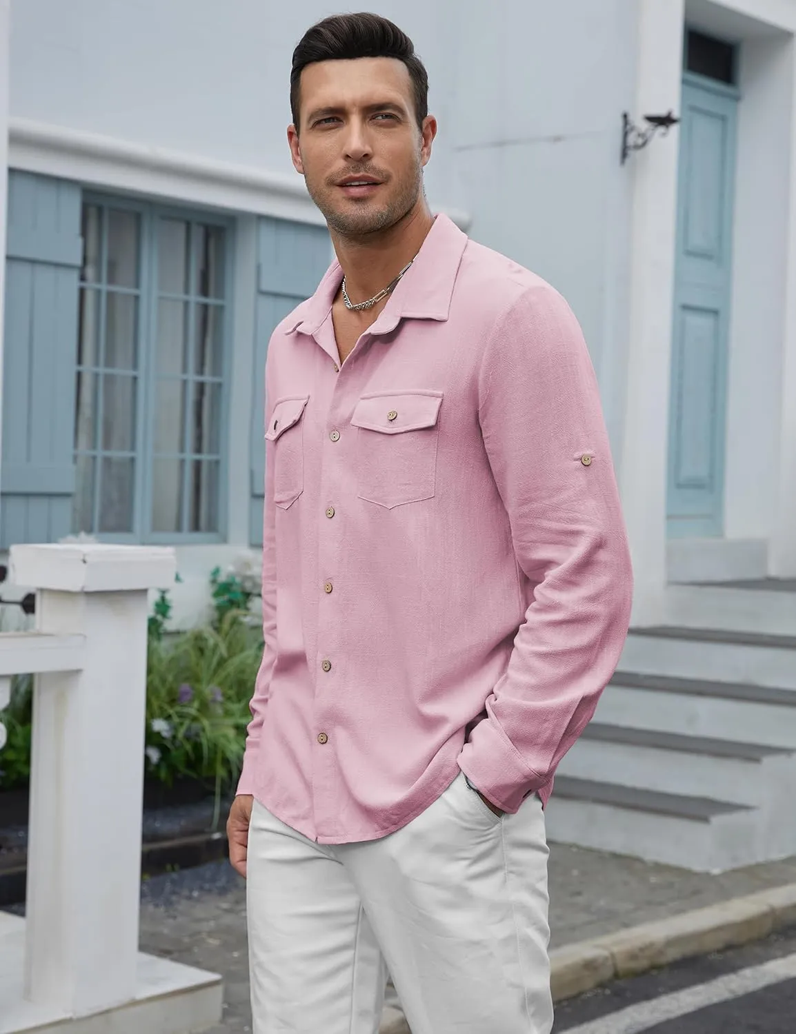 Men's Long Sleeve Button Down Linen Shirt Casual Solid Untucked Roll-Up Sleeve Beach Shirts Wedding Shirts with Pocket