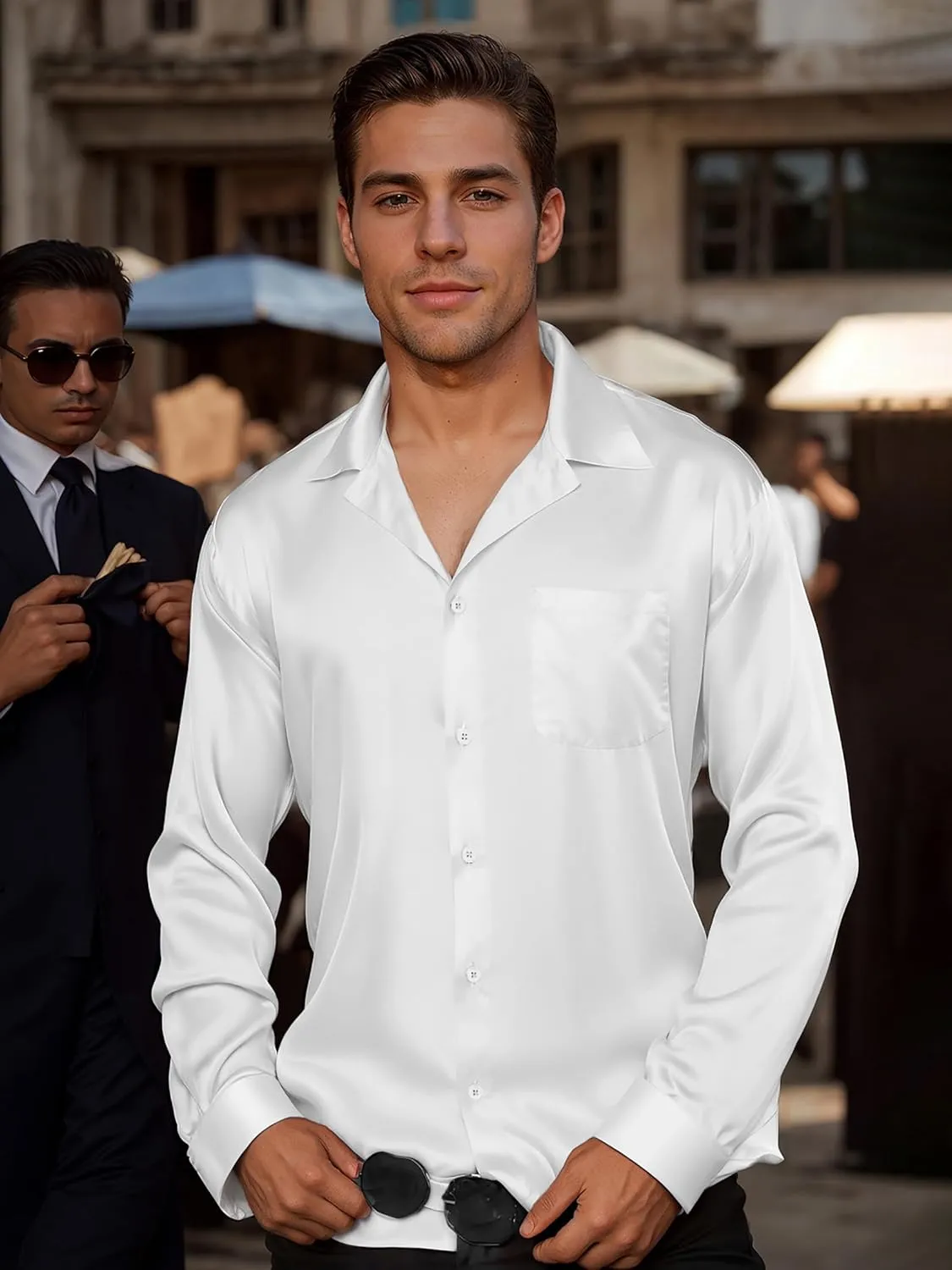 Mens Luxury Satin Silk Dress Shirts Wrinkle Free Casual Button Down Long Sleeve Shirt Prom Wedding Shirt