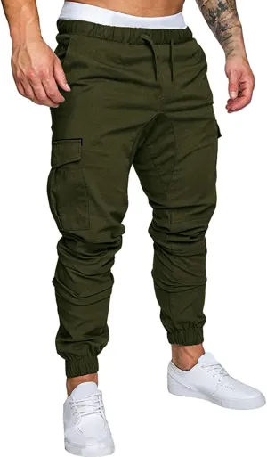 Mens Pants Cargo Joggers Sweatpants Casual Slim Fit Chino Trousers Elastic Waist Drawstring Pants with Pockets