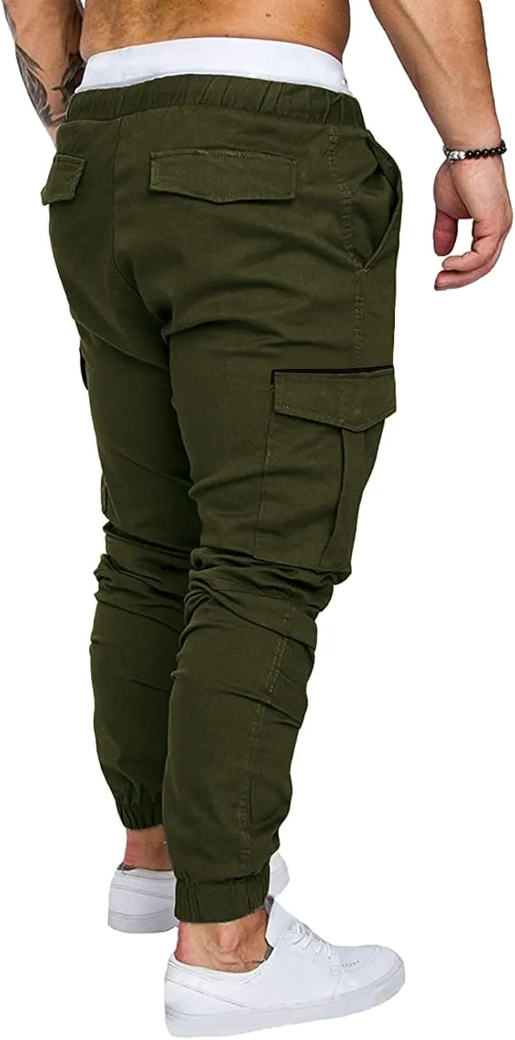 Mens Pants Cargo Joggers Sweatpants Casual Slim Fit Chino Trousers Elastic Waist Drawstring Pants with Pockets