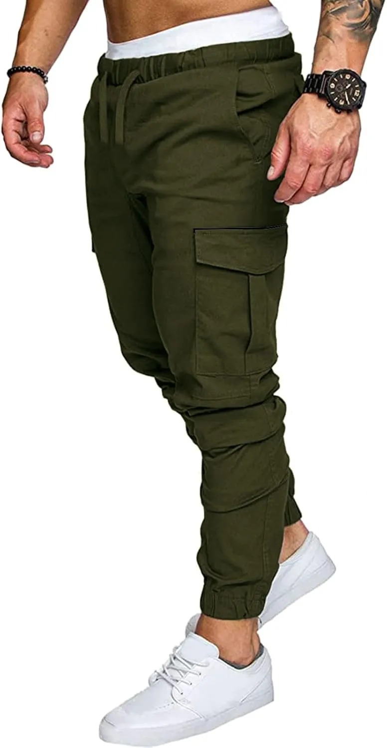 Mens Pants Cargo Joggers Sweatpants Casual Slim Fit Chino Trousers Elastic Waist Drawstring Pants with Pockets