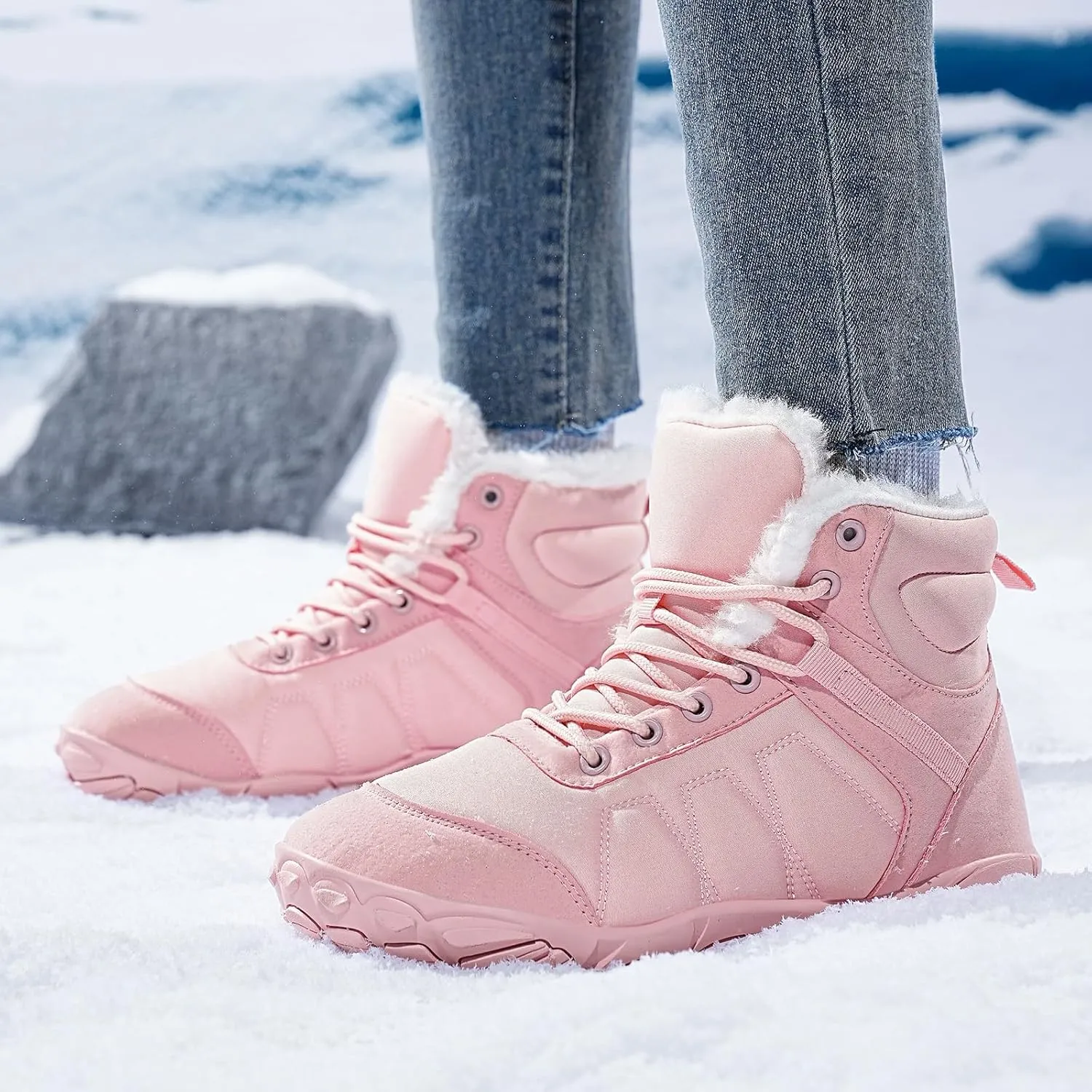 Mens Womens Snow Boots Winter Barefoot Shoes Warm Fur Lined Short Ankle Booties Outdoor Anti-Slip Wide Toe Box Walking Winter Shoes