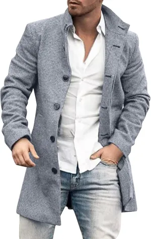 Mens Woolen Blend Jacket Double Breasted Trench Coat Lapel Mid Length Peacoat Winter Outerwear