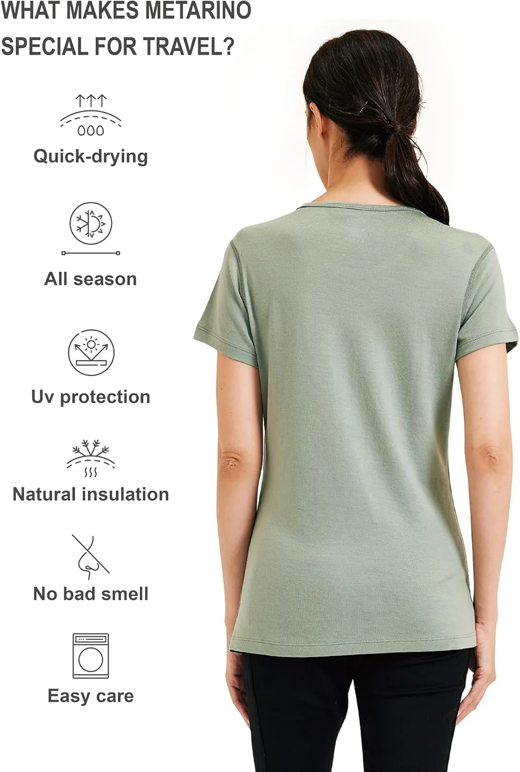 METARINO 100% Merino Wool T-Shirt Women,Short Sleeve Lightweight Crew Neck Base Layer Tee Shirt for Travel,Hiking