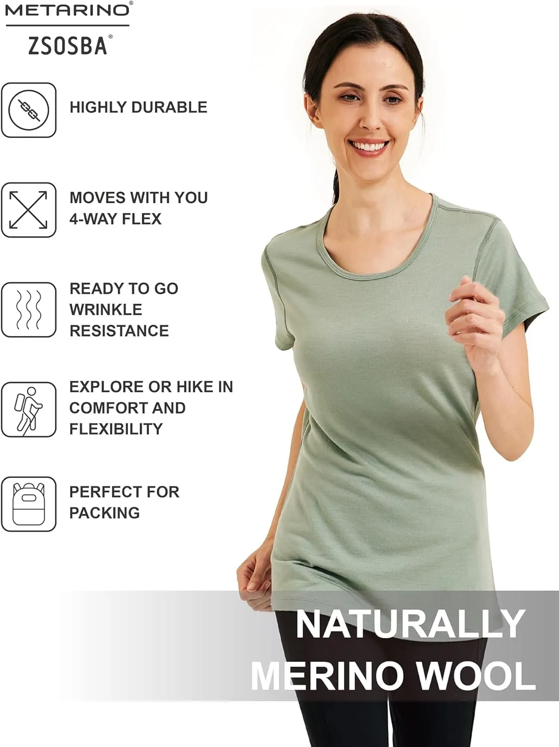 METARINO 100% Merino Wool T-Shirt Women,Short Sleeve Lightweight Crew Neck Base Layer Tee Shirt for Travel,Hiking