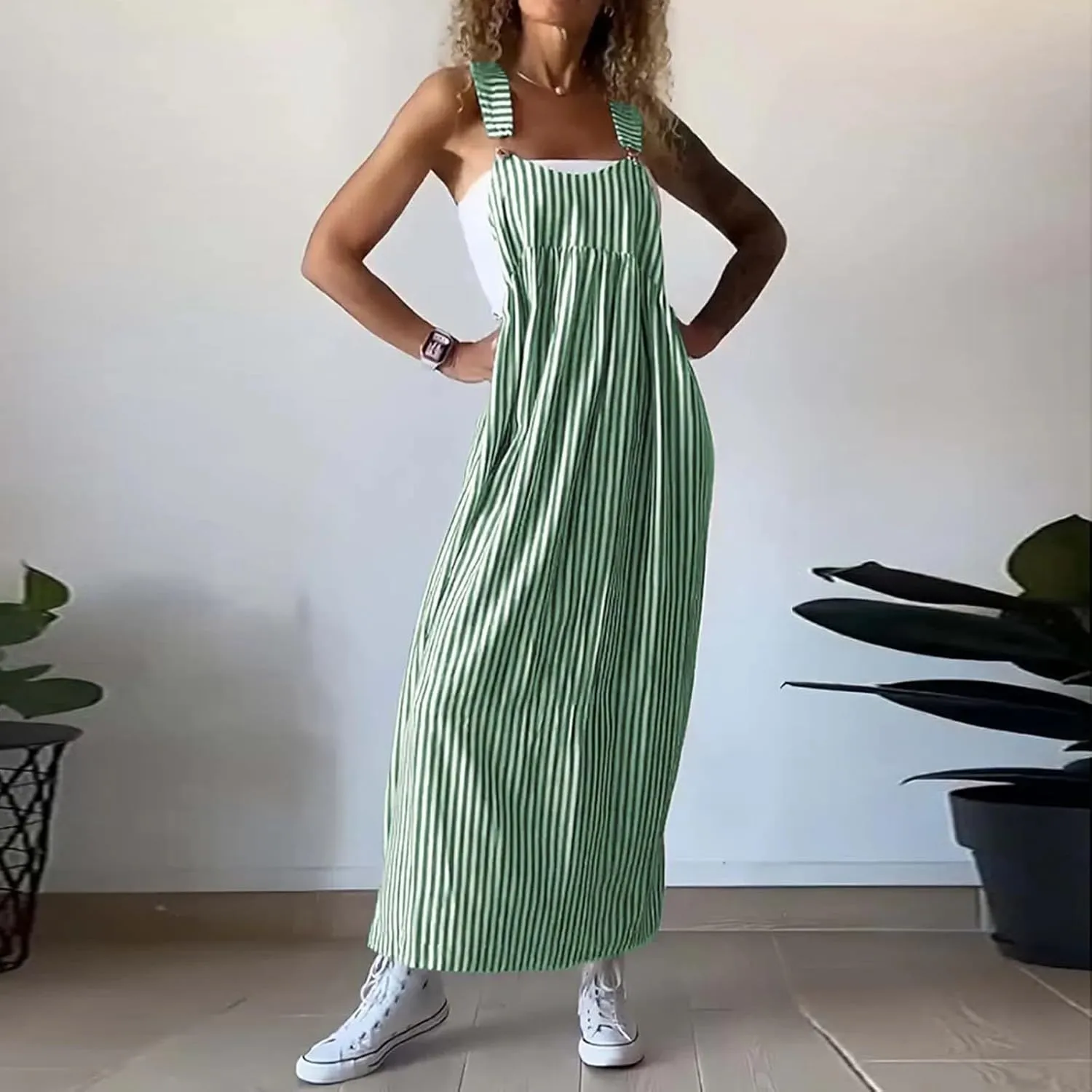 midelxp Striped Maxi Dress for Women Summer Y2k Square Neck Overall Dress Comfy Adjustable Strap Loose Long Beach Dresses