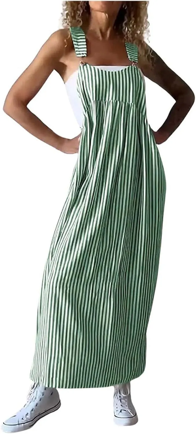 midelxp Striped Maxi Dress for Women Summer Y2k Square Neck Overall Dress Comfy Adjustable Strap Loose Long Beach Dresses