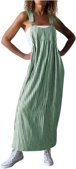 midelxp Striped Maxi Dress for Women Summer Y2k Square Neck Overall Dress Comfy Adjustable Strap Loose Long Beach Dresses
