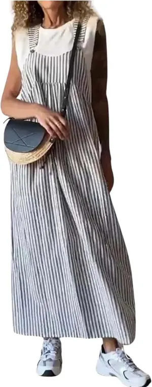 midelxp Striped Maxi Dress for Women Summer Y2k Square Neck Overall Dress Comfy Adjustable Strap Loose Long Beach Dresses