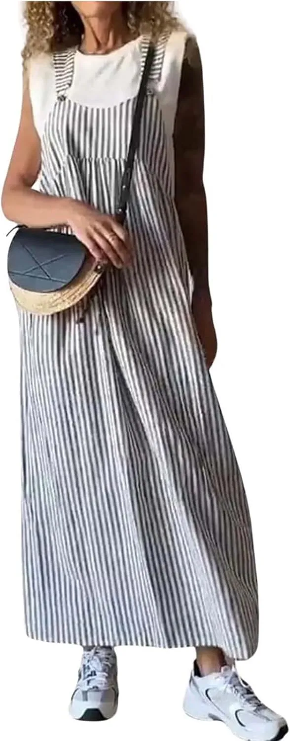 midelxp Striped Maxi Dress for Women Summer Y2k Square Neck Overall Dress Comfy Adjustable Strap Loose Long Beach Dresses