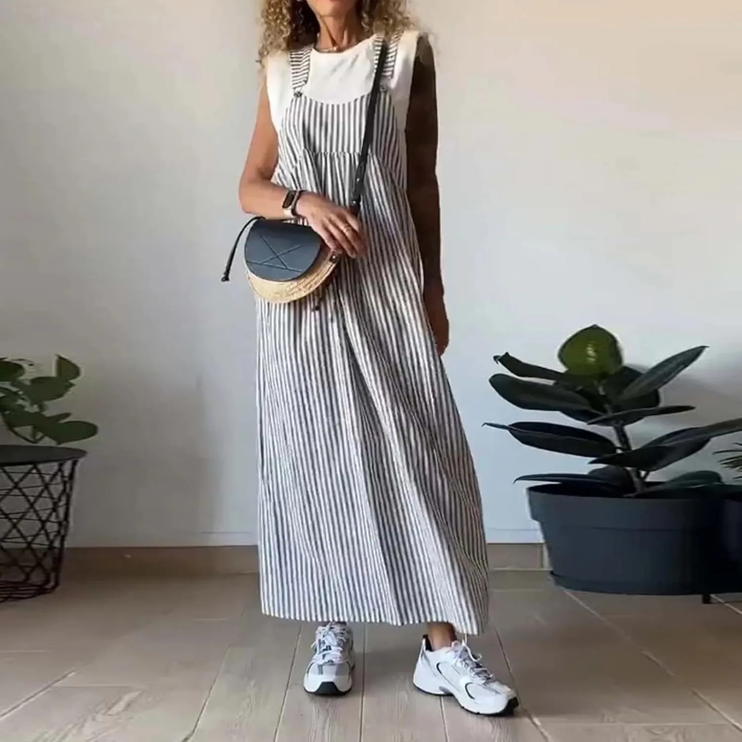 midelxp Striped Maxi Dress for Women Summer Y2k Square Neck Overall Dress Comfy Adjustable Strap Loose Long Beach Dresses