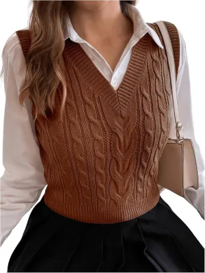 Milumia Women's Cable Knit V Neck Sweater Vest Sleeveless Ribbed Crop Tank Top
