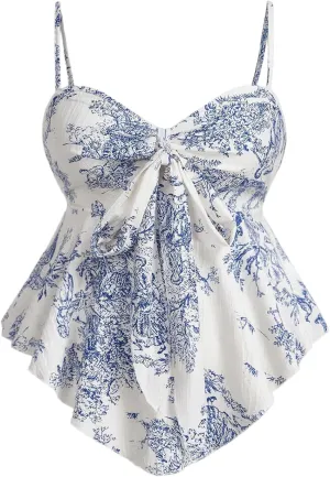 Milumia Women's Plus Size Boho All Over Print Cami Top Tie Front Asymmetrical Hem Tank Top Dressy