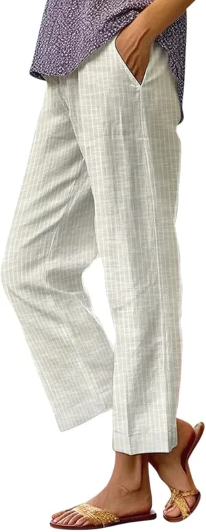 MINTLIMIT Women Striped Linen Pants Drawstring Casual Wide Leg Elastic Waist Trousers Loose Summer Lounge Pants with Pockets