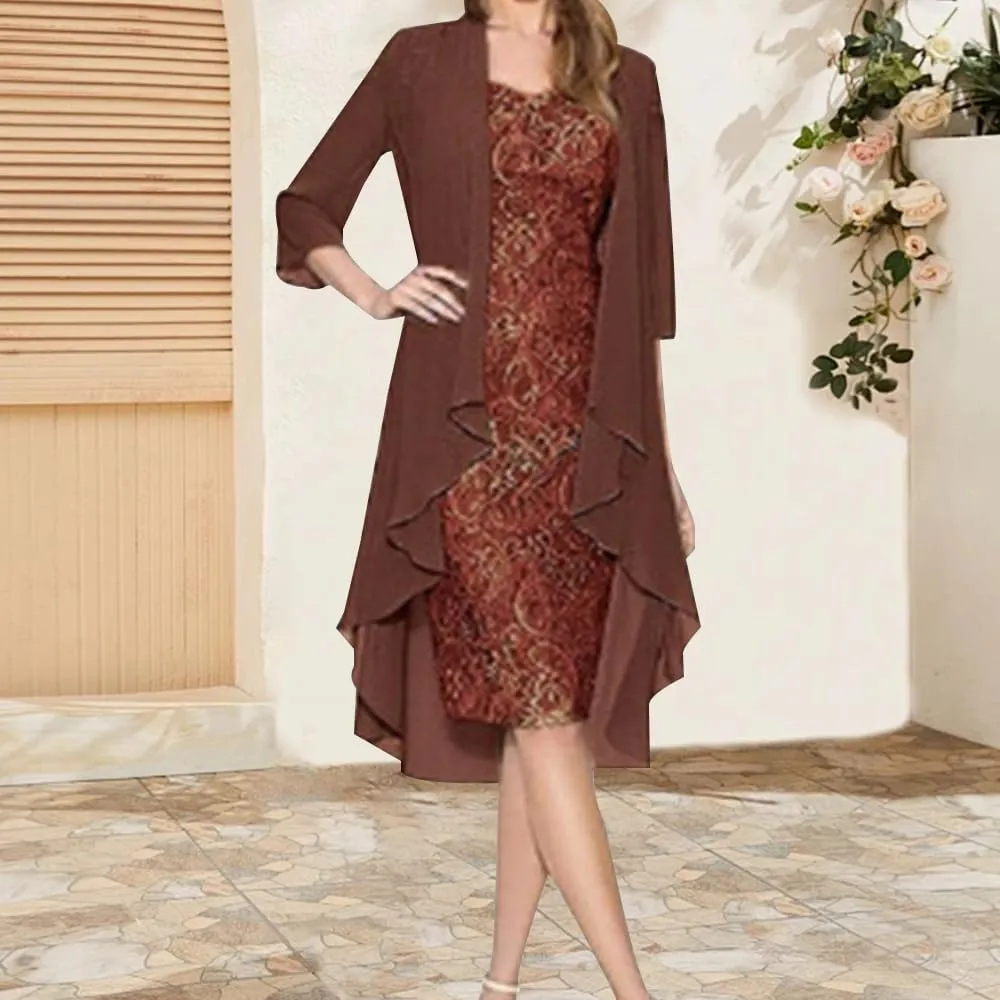 Mother of The Bride Dress Womens Summer 2 Piece Outfits Chiffon Lace Formal Evening Party Dress Casual Cocktail Dresses