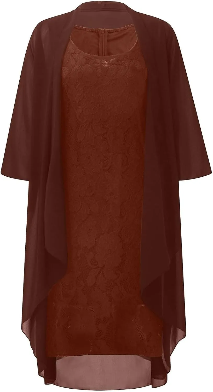Mother of The Bride Dress Womens Summer 2 Piece Outfits Chiffon Lace Formal Evening Party Dress Casual Cocktail Dresses
