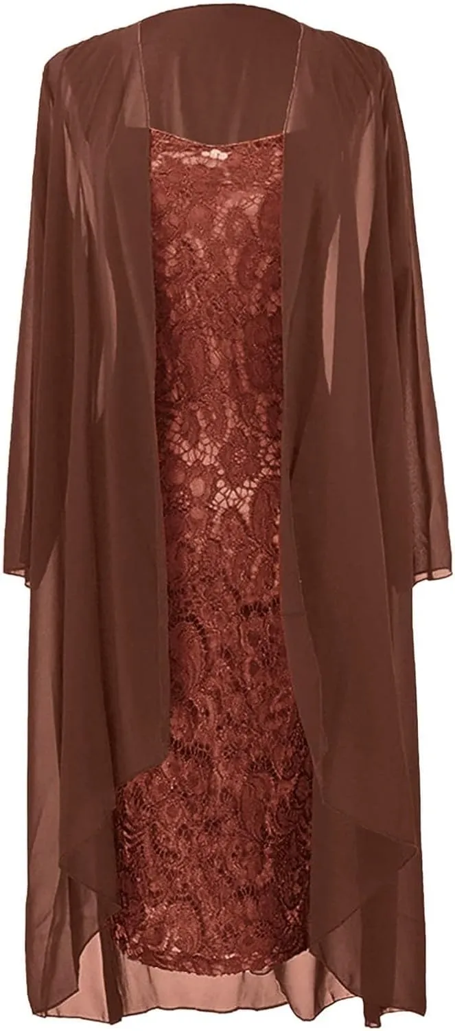 Mother of The Bride Dress Womens Summer 2 Piece Outfits Chiffon Lace Formal Evening Party Dress Casual Cocktail Dresses