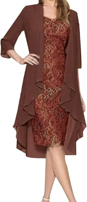 Mother of The Bride Dress Womens Summer 2 Piece Outfits Chiffon Lace Formal Evening Party Dress Casual Cocktail Dresses