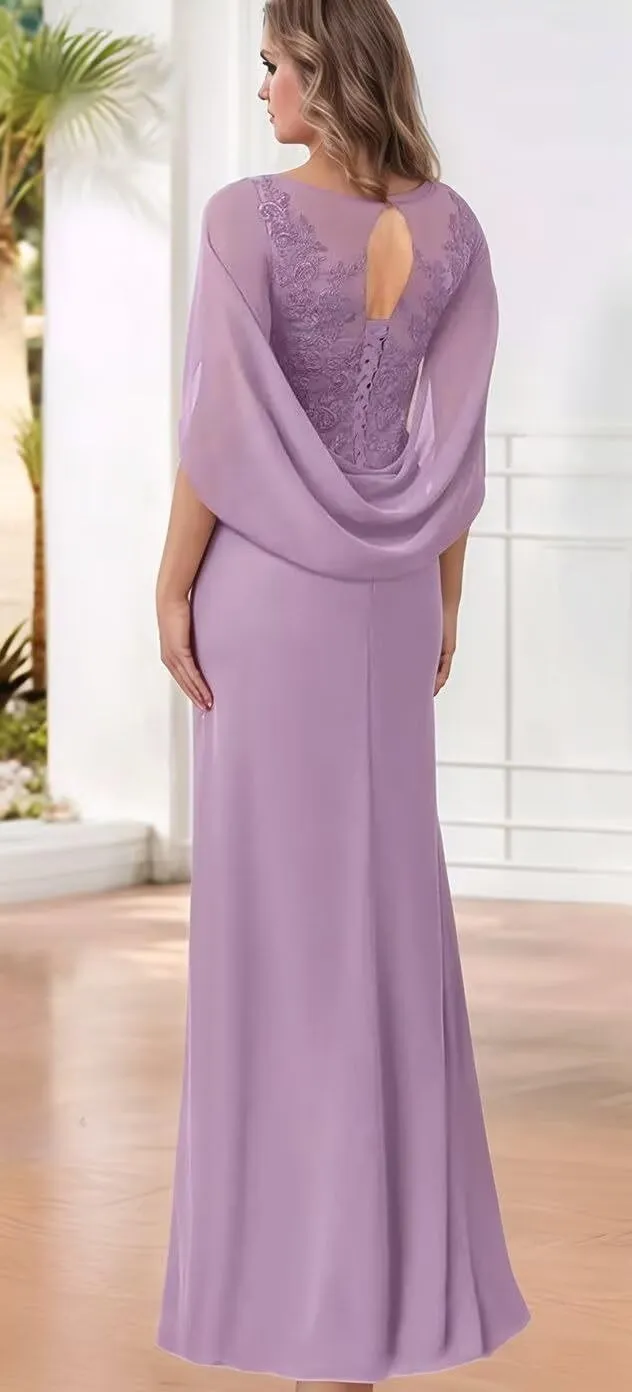 Mother of The Bride Dresses with Cape Mermaid Chiffon Lace Formal Evening Gowns for Women