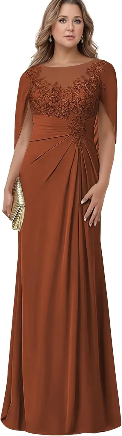 Mother of The Bride Dresses with Cape Mermaid Chiffon Lace Formal Evening Gowns for Women
