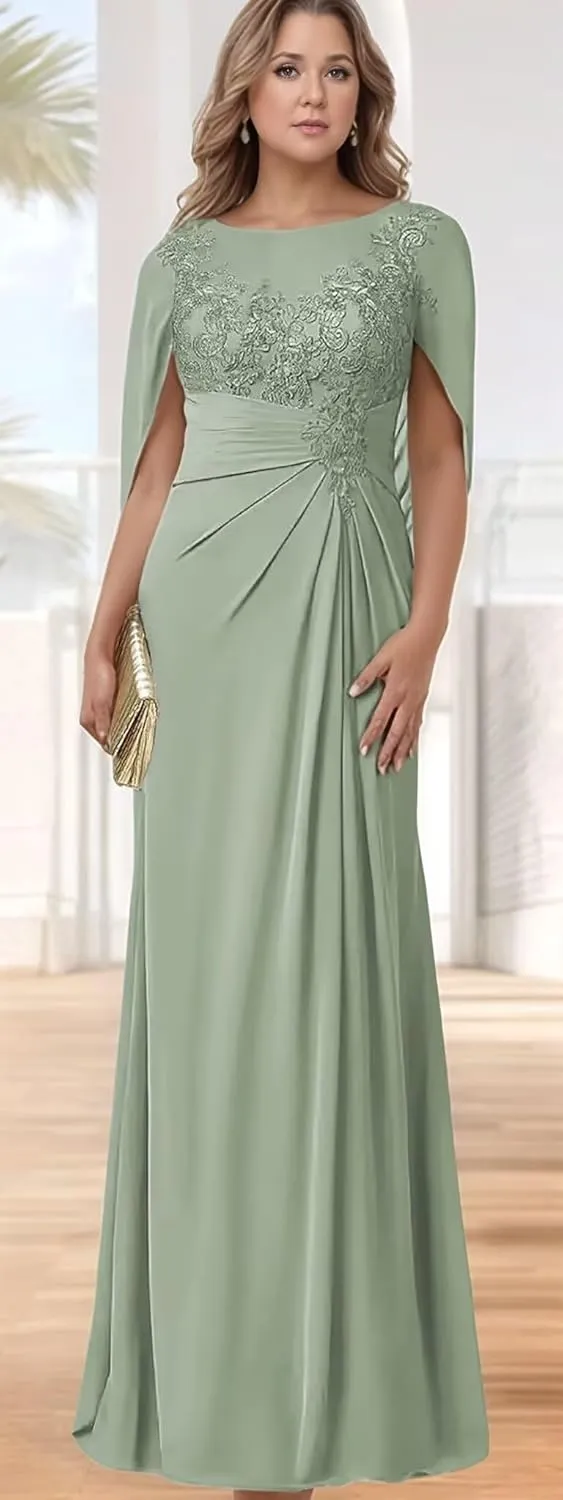Mother of The Bride Dresses with Cape Mermaid Chiffon Lace Formal Evening Gowns for Women