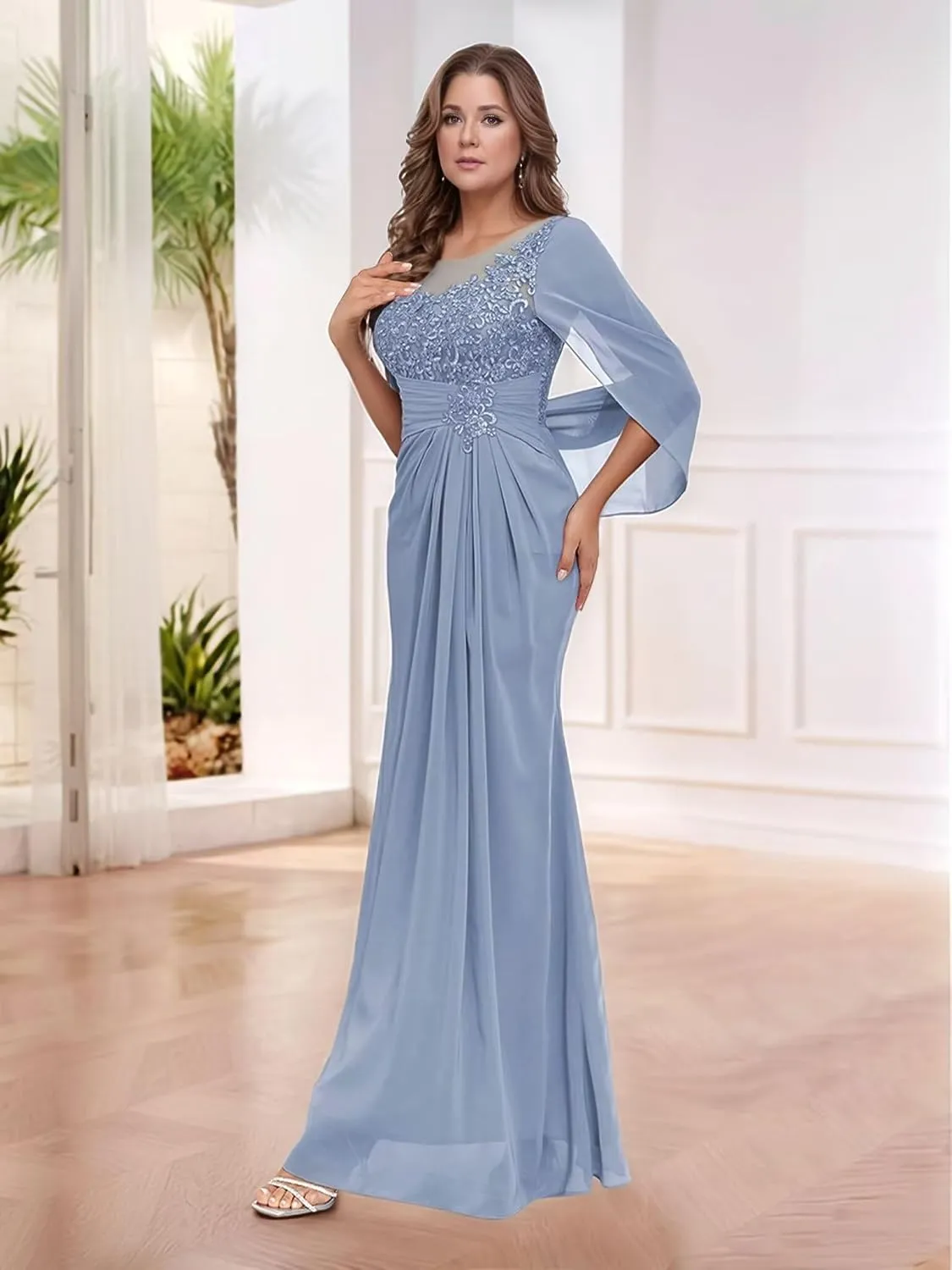 Mother of The Bride Dresses with Cape Mermaid Chiffon Lace Formal Evening Gowns for Women