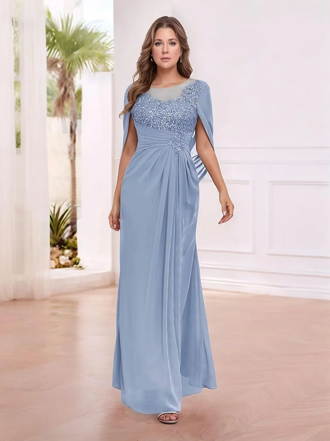 Mother of The Bride Dresses with Cape Mermaid Chiffon Lace Formal Evening Gowns for Women