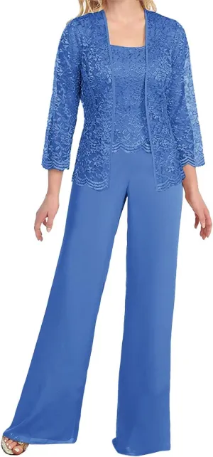 Mother of The Bride Pant Suits 3 Pieces Lace Outfit Sets for Wedding Guest Evening Party Gowns