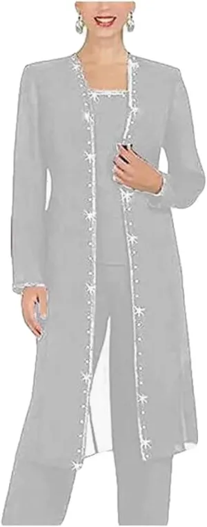 Mother of The Bride Pants Suits 3 PC Chiffon Beaded Women Outfits with Long Jacket Wedding Party Prom Dress