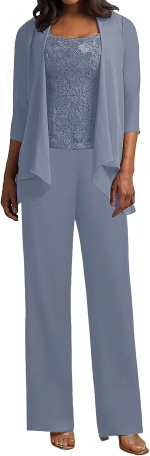 Mother of The Bride Pants Suits for Wedding Party Dresses 3 Pieces Chiffon Mother of Groom Dresses with Jacket