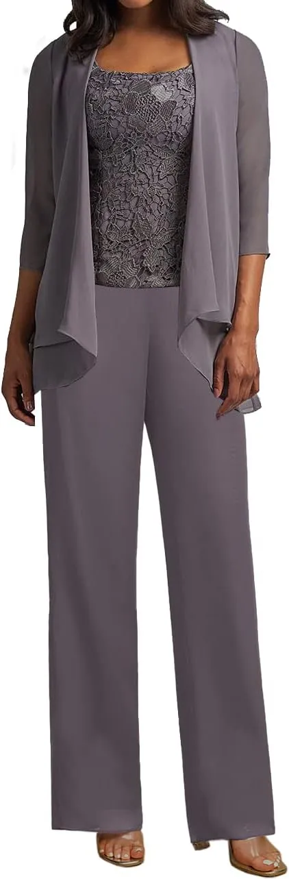 Mother of The Bride Pants Suits for Wedding Party Dresses 3 Pieces Chiffon Mother of Groom Dresses with Jacket