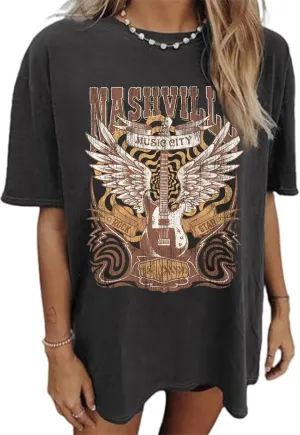 Music City Shirt for Women Country Music T-Shirt Vintage Guitar Wings Graphic Country Concert Tee Tops