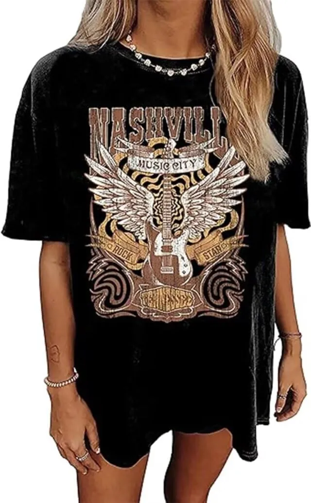 Music City Shirt for Women Country Music T-Shirt Vintage Guitar Wings Graphic Country Concert Tee Tops