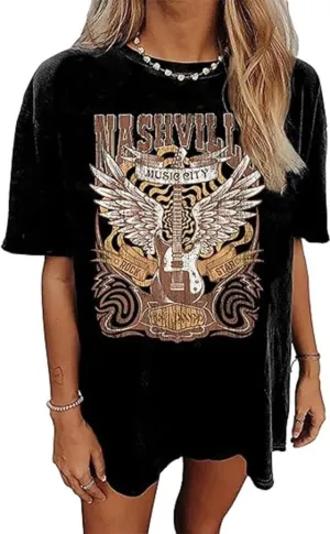 Music City Shirt for Women Country Music T-Shirt Vintage Guitar Wings Graphic Country Concert Tee Tops