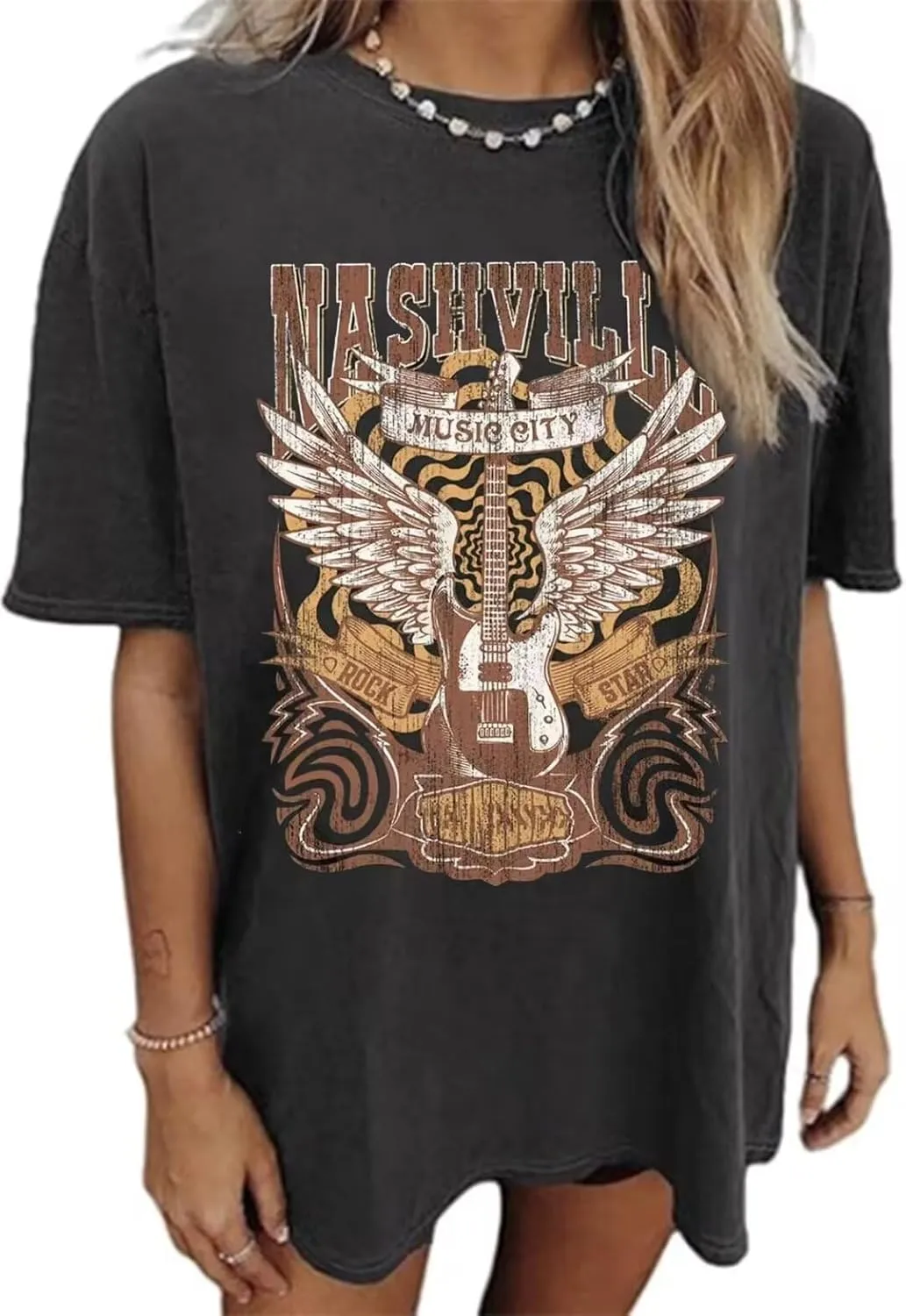 Music City Shirt for Women Country Music T-Shirt Vintage Guitar Wings Graphic Country Concert Tee Tops