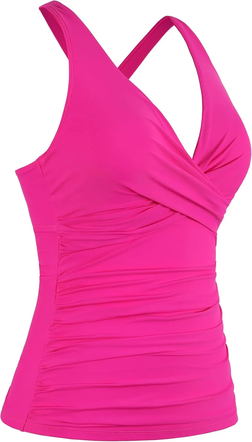 Mycoco Women's Underwire Tankini Top Twist V Neck Push Up Swim Top Ruched Bathing Suit Tops Only