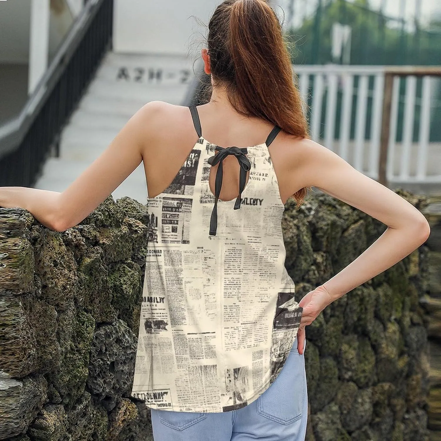 Newspaper Print Women's Tank Top Sleeveless Spaghetti Strap Loose Casual Top Summer Beach Vacation Outfits Flowy Camisole
