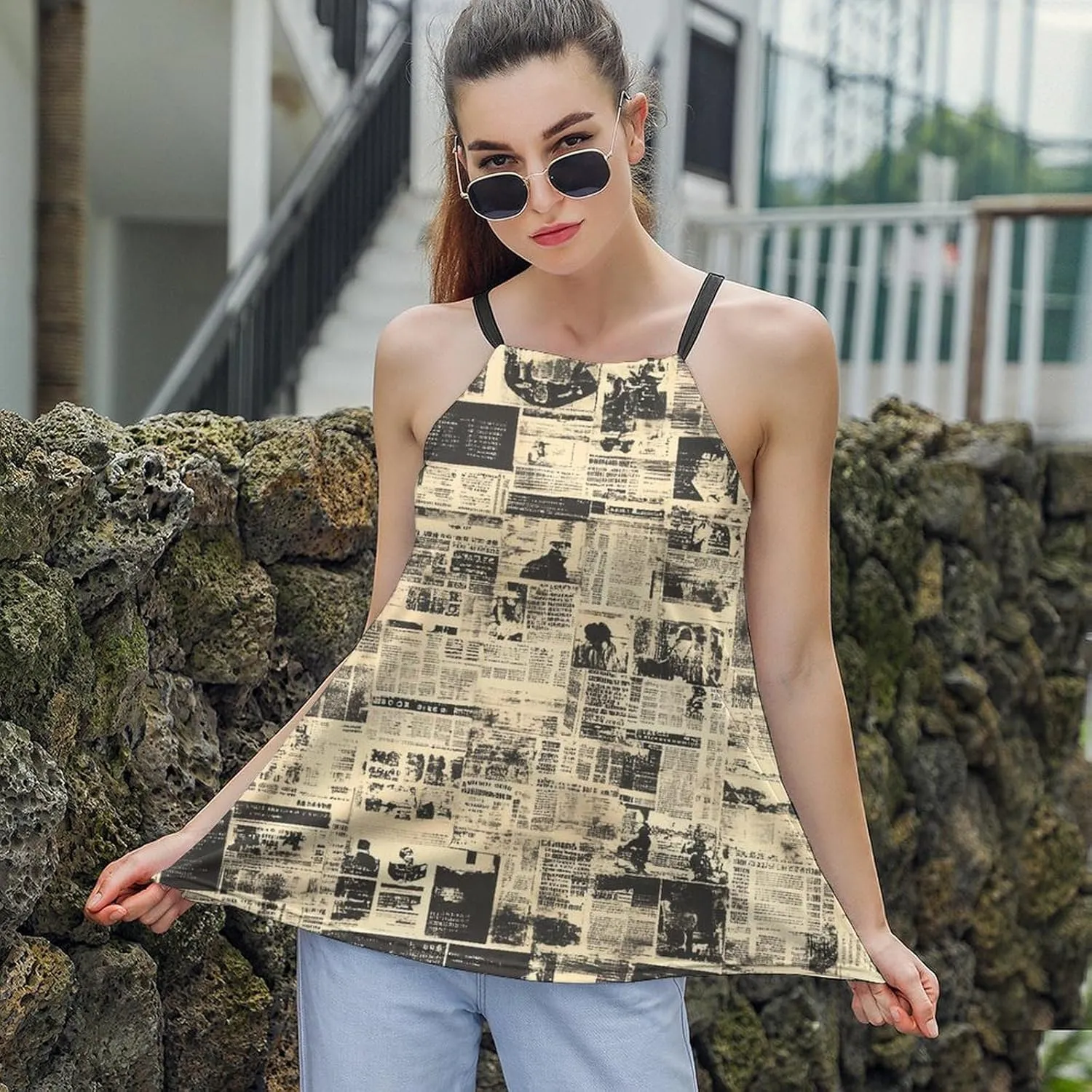 Newspaper Print Women's Tank Top Sleeveless Spaghetti Strap Loose Casual Top Summer Beach Vacation Outfits Flowy Camisole