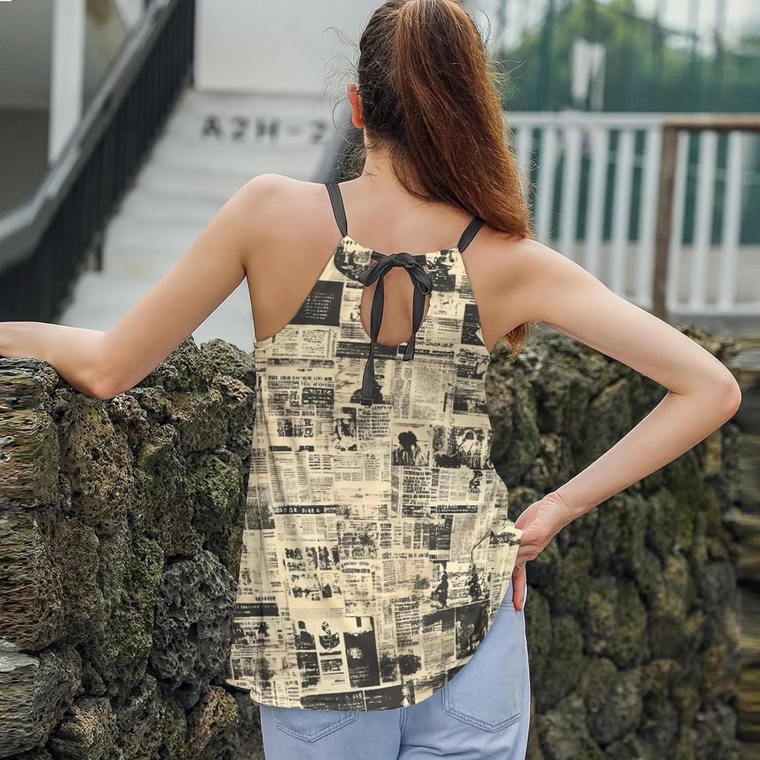 Newspaper Print Women's Tank Top Sleeveless Spaghetti Strap Loose Casual Top Summer Beach Vacation Outfits Flowy Camisole