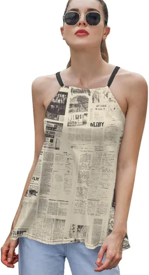 Newspaper Print Women's Tank Top Sleeveless Spaghetti Strap Loose Casual Top Summer Beach Vacation Outfits Flowy Camisole