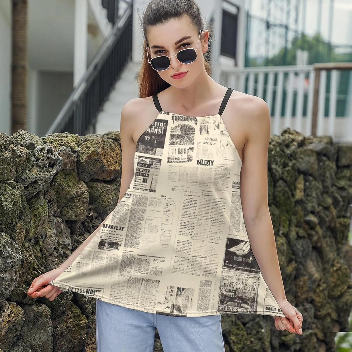 Newspaper Print Women's Tank Top Sleeveless Spaghetti Strap Loose Casual Top Summer Beach Vacation Outfits Flowy Camisole