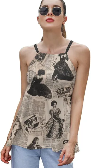 Newspaper Print Women's Tank Top Sleeveless Spaghetti Strap Loose Casual Top Summer Beach Vacation Outfits Flowy Camisole