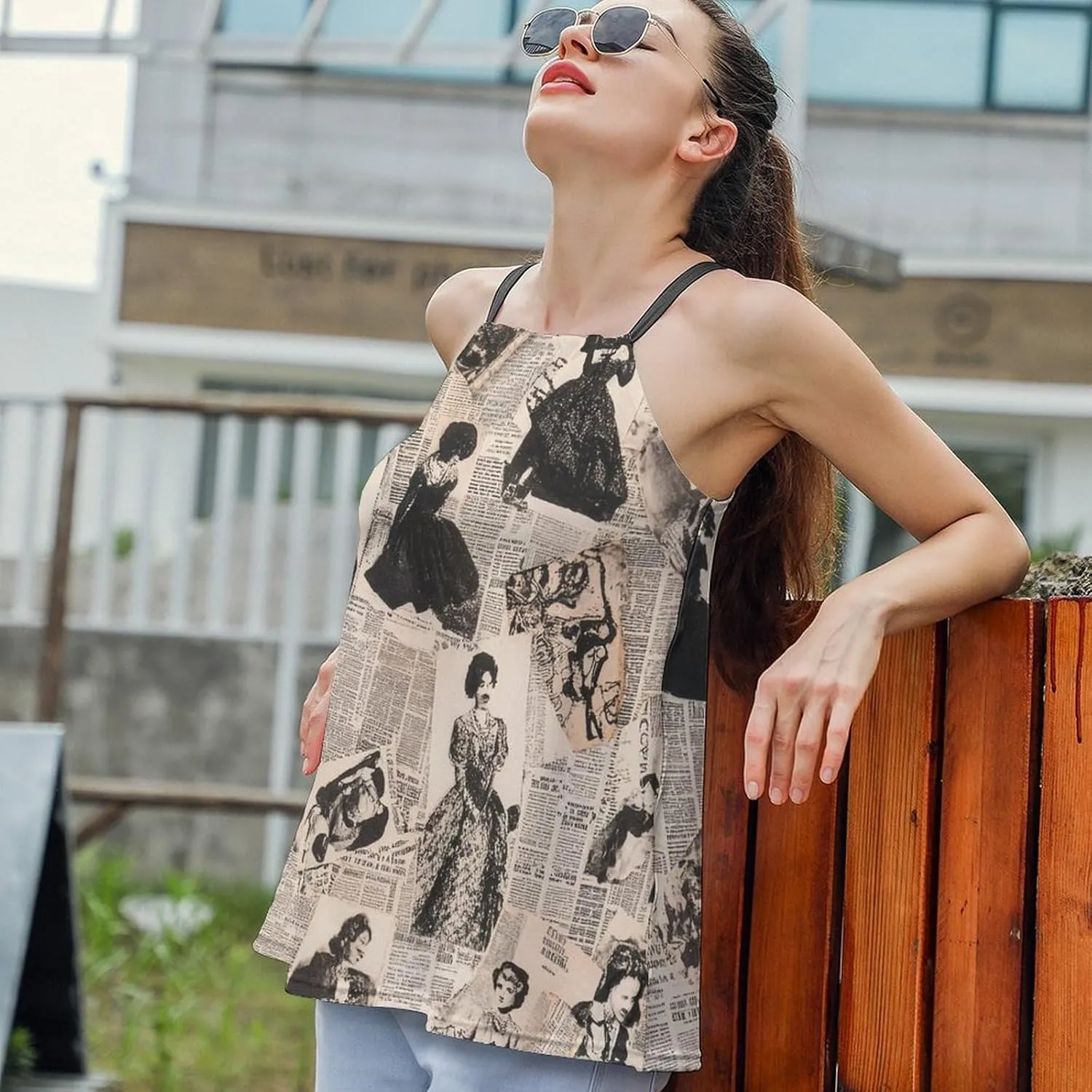 Newspaper Print Women's Tank Top Sleeveless Spaghetti Strap Loose Casual Top Summer Beach Vacation Outfits Flowy Camisole
