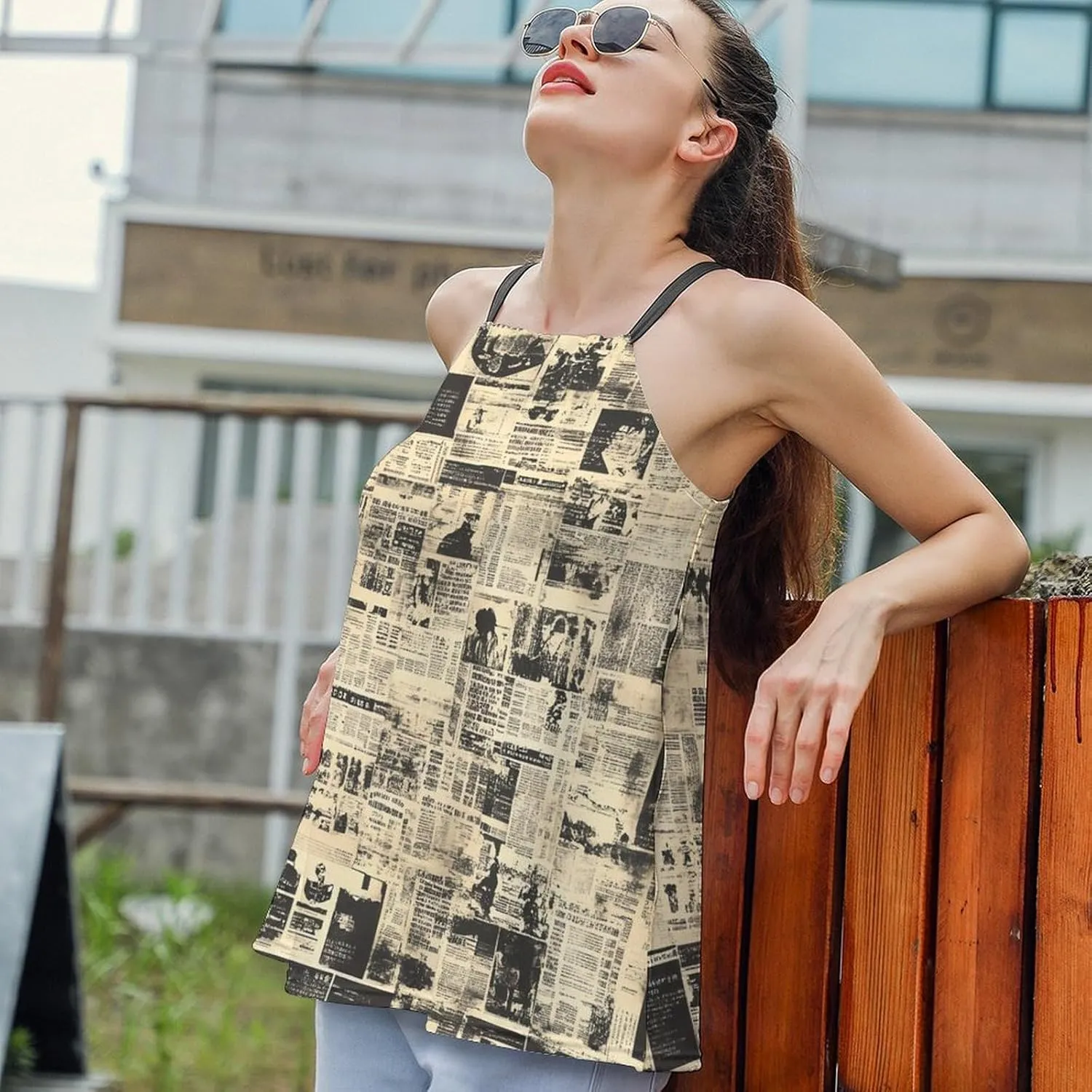 Newspaper Print Women's Tank Top Sleeveless Spaghetti Strap Loose Casual Top Summer Beach Vacation Outfits Flowy Camisole