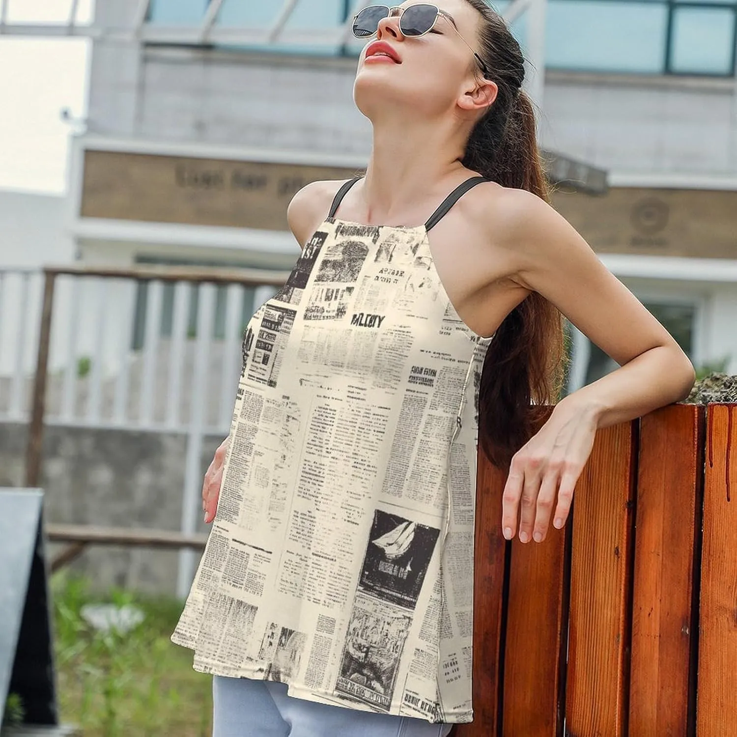 Newspaper Print Women's Tank Top Sleeveless Spaghetti Strap Loose Casual Top Summer Beach Vacation Outfits Flowy Camisole