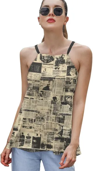 Newspaper Print Women's Tank Top Sleeveless Spaghetti Strap Loose Casual Top Summer Beach Vacation Outfits Flowy Camisole