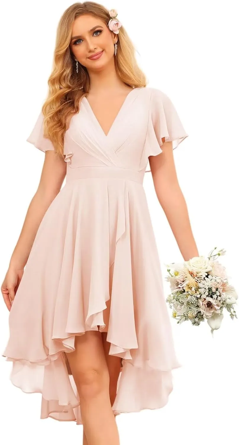 Noras dress Women's V Neck Wedding Guest Dresses A-Line Short Sleeves Bridesmaid Dress Short with Pockets NO149