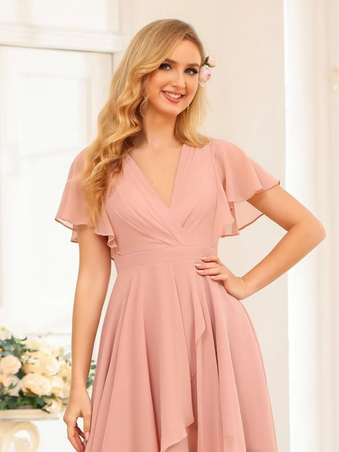 Noras dress Women's V Neck Wedding Guest Dresses A-Line Short Sleeves Bridesmaid Dress Short with Pockets NO149